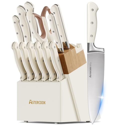 Knife Set,Astercook Kitchen Knife Set with Block 14-Piece Full Tang Stainless Steel Knives with Sharpener Dishwasher Saf