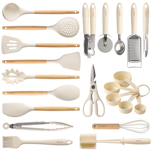 CAROTE 22-Piece Cooking Utensils Set with Wood Cool-Touch Handles, Cream | Silicone Kitchen Utensil, Food Grade, Nonstic