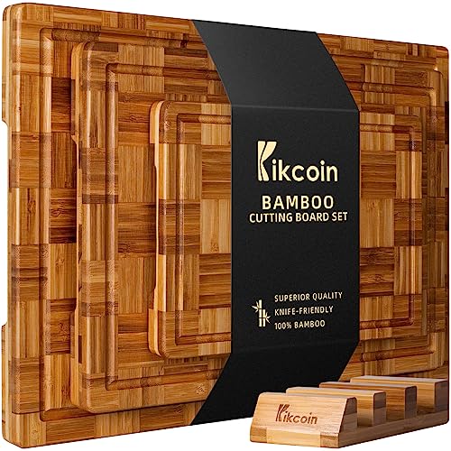Kikcoin Extra Large Bamboo Cutting Boards, (Set of 3) Chopping Boards with Juice Groove Bamboo Wood Cutting Board Set Bu