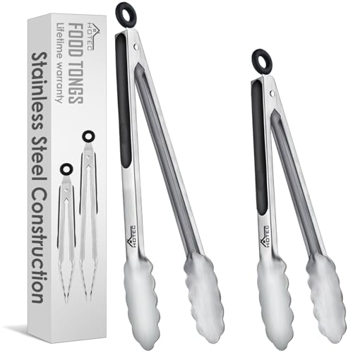 Hotec Stainless Steel Kitchen Tongs, Set of 2-9" and 12", Locking Metal Food Tongs for Cooking, Serving, BBQ, Grill Non-