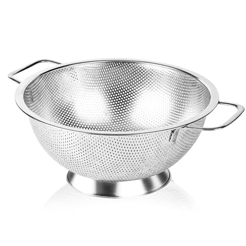 JIDSPWLS 304 Stainless Steel Colander, Micro-Perforated 3-Quart Strainer with Base, Dishwasher Safe. Great for Pasta, No