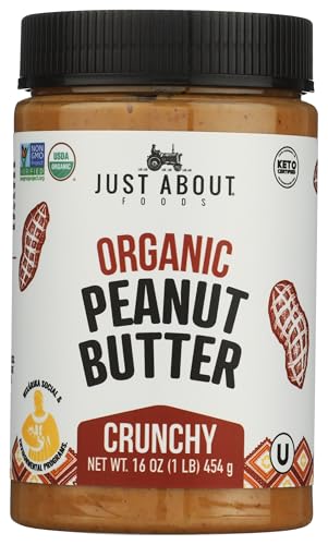 Just About Foods Organic & Keto Peanut Butter Crunchy 1 lb Gluten-Free, No Sugar Added, Palm Oil Free Single Ingredient,
