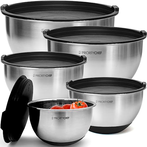 Priority Chef Premium Mixing Bowls With Lids Set, Airtight Lids, Thicker Stainless Steel, Non-Slip Base, 5 Nesting Steel