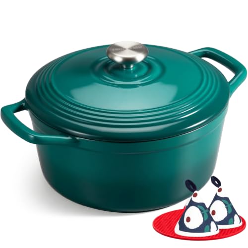 Overmont Enameled Cast Iron Dutch Oven - 5.5QT Pot with Lid Cookbook & Cotton Potholders - Heavy-Duty Cookware for Brais