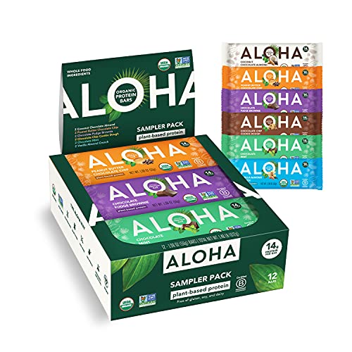 ALOHA Organic Plant Based Protein Bars - 6 Flavor Variety Pack - 12 Count, 1.9oz Bars - Vegan Snacks, Low Sugar, Gluten-