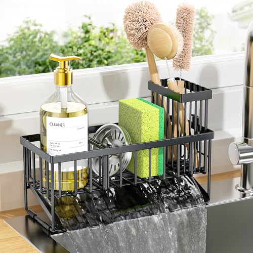 Cisily Sink Caddy Sponge Holder for Kitchen with Brush Holder and Stainless Steel Self Drain Tray, Rustproof Kitchen Sin