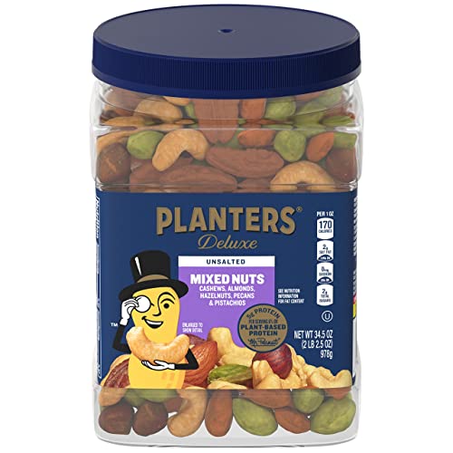 PLANTERS Unsalted Premium Nuts 34.5 oz Resealable Container- Contains Roasted California Pistachios, Cashews, Almonds, H