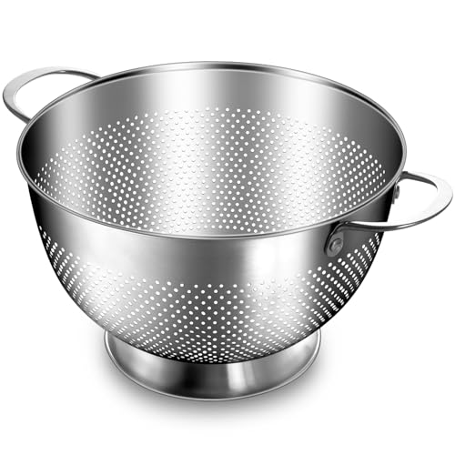 Stainless Steel Colander for Kitchen | 5 Quart Durable Rice and Pasta Strainer with Handle | Oversized Handles | Nesting