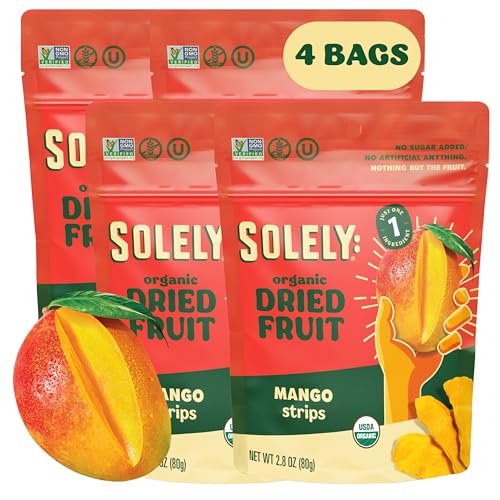 SOLELY - Organic Dried Mango Strips (2.8 oz Resealable Bags, Pack of 4) - Real Fresh Fruit - 1 Ingredient - Healthy Snac