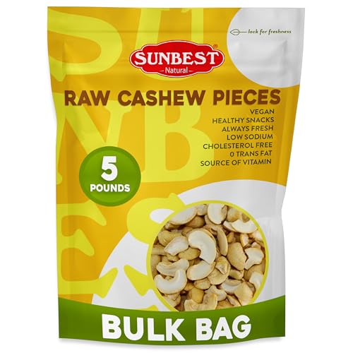 Sunbest Natural Raw Cashew Halves & Pieces, 5 lbs – Unsalted & Unroasted – Bulk Cashews to Eat – For Party Snacks, Bakin