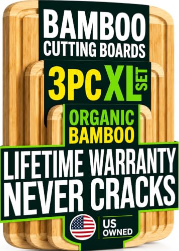 INDESTRUCTABLE Extra Large Bamboo Cutting Board Set of 3 with Vertical Grain Strength Technology - XL Wood Cutting Board