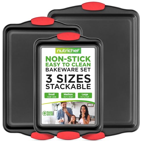 NutriChef 3-Piece Nonstick Kitchen Oven Baking Pans - Premium & Stylish Non-Stick Steel, Commercial Grade Restaurant Qua