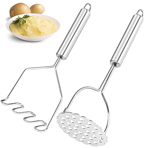 VOOVAO 2 Pcs Potato Smasher, Mashed Potato Masher, Stainless Steel Masher Kitchen Tool for Avocado, Bean, Fruit, Vegetab