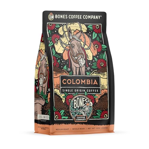 Bones Coffee Company Colombia Single-Origin Coffee, Almonds, Dried Fruit, Vanilla Notes, Flavored Whole Bean Coffee, Med