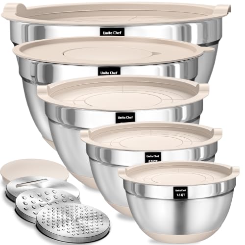 Umite Chef Mixing Bowls with Airtight Lids Set, 8PCS Stainless Steel Nesting Bowls with Grater Attachments, Non-Slip Bot