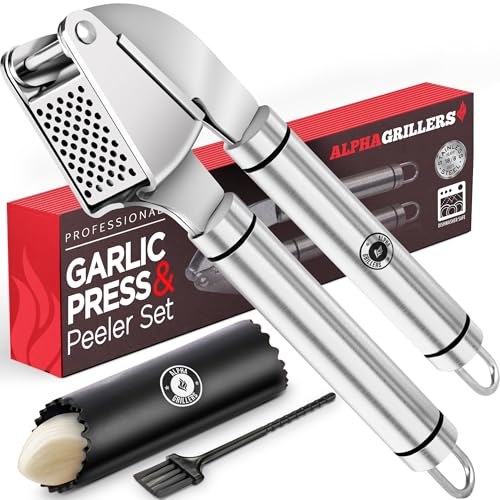Alpha Grillers Garlic Press Stainless Steel - Easy to Clean, Rust-Proof, Dishwasher Safe - Stainless Steel Garlic Press,