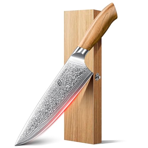 Damascus Chef Knife in Japanese Steel, 67-Layers Damascus Kitchen Knife with Wooden Gift Box and Original Olive Wood Han