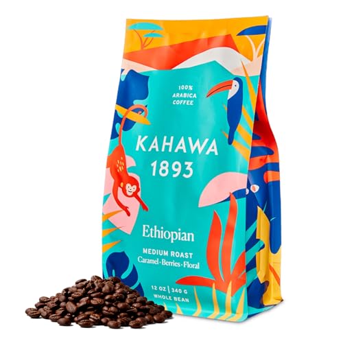 Kahawa 1893 Whole Bean Coffee Medium Light Roast Ethiopian Blend 12 Oz - As Seen on Shark Tank, High Antioxidants, Natur