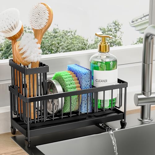 Cisily Sponge Holder for Kitchen Sink, Sink Caddy Organizer with High Brush Holder, Kitchen Countertop Organizers and St
