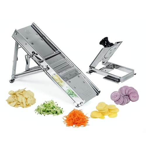 Bron Coucke – Professional Stainless Steel Mandoline with Protective Carriage – 2 Integrated Cutting Blade Units (3 mm &