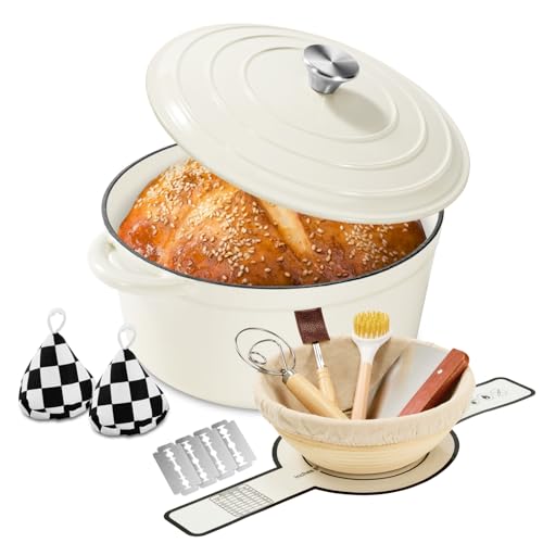 Blingco Enameled Cast Iron Dutch Oven with Lid -6.5 QT, incl. Sourdough Bread-Baking Supplies like Banneton Proofing Bas