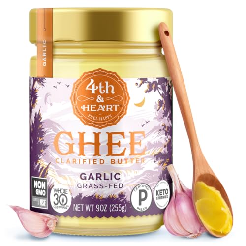 4th & Heart California Garlic Grass-Fed Ghee, Clarified Butter, 100% Butter Fat, Pasture-Raised, Lactose & Casein Free, 