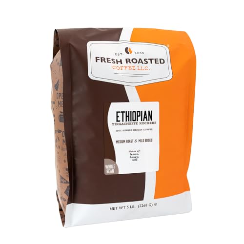Fresh Roasted Coffee, Ethiopian Yirgacheffe Kochere Whole Bean Coffee, Medium Roast, Kosher, 5 lb (80 oz)