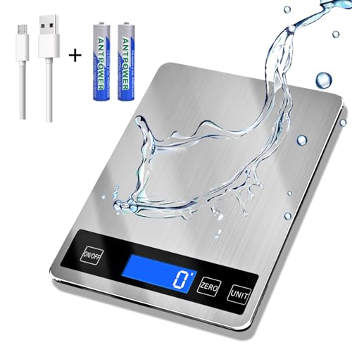 33lb Food Scale, Digital Kitchen Scale Batteries and USB Charging,1g/0.05oz Precise Graduation, Waterproof Stainless Ste
