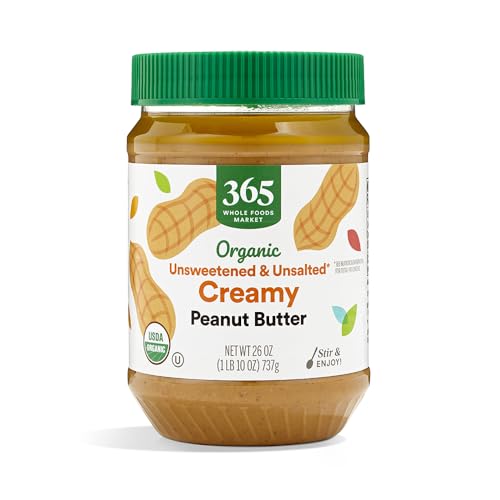 365 by Whole Foods Market, Organic Creamy Peanut Butter, Unsweetened & Unsalted, Stir and Enjoy, 26 Ounce