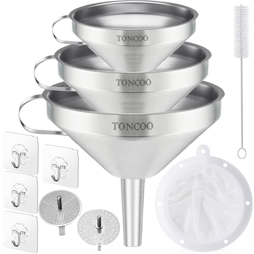 Toncoo 3 Pack Stainless Steel Funnels for Kitchen Use, Food Grade Cooking Funnel with 3 Strainer, Kitchen Funnel Set Met
