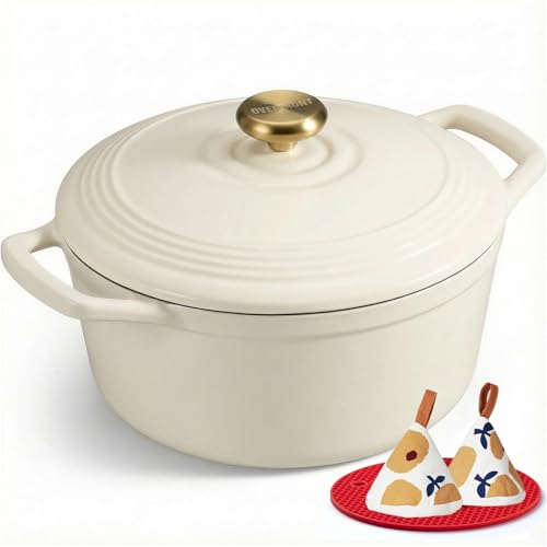 Overmont Enameled Cast Iron Dutch Oven - 5.5QT Pot with Lid Cookbook & Cotton Potholders - Heavy-Duty Cookware for Brais