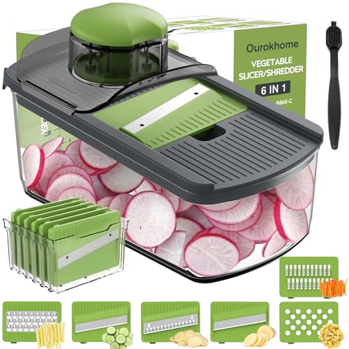 Ourokhome Mandolin Slicer for Kitchen Food, Hand Safe Vegetable Shredder with 6 Mandoline Blades, Veggie Waffle Cutter f