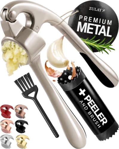 Zulay Kitchen Premium Garlic Press Set - Rust Proof Professional Garlic Mincer Tool - Easy-Squeeze, Easy-Clean with Soft