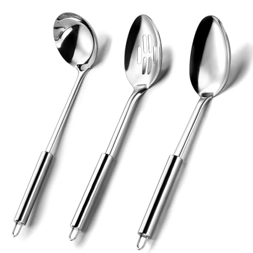 Pleafind Serving Utensils Set for Parties,3-Piece Silver Stainless Steel utensils set,Includes 1 Serving Spoon, 1 Slotte