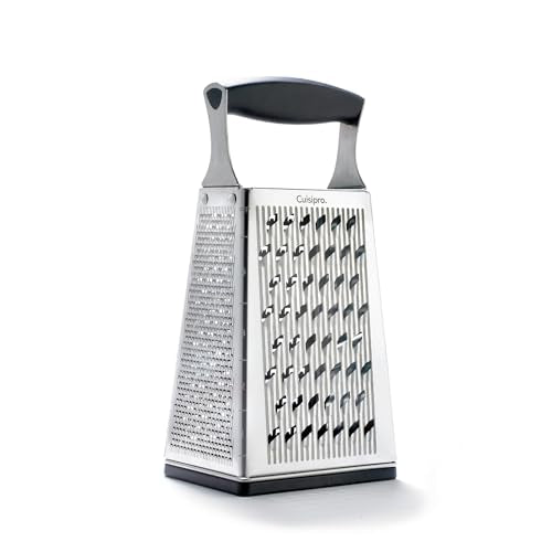 Cuisipro Stainless Steel Cheese Grater with Handle, 4 Sided Box Grater for Kitchen, Ginger Grater Dishwasher Safe, Fruit