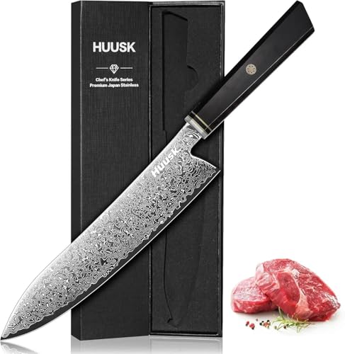 Huusk Damascus Chef Knife 8 Inch, 67-Layers Damascus Kitchen Knives with Ergonomic Wood Handle, Ultra Sharp Japanese Kni