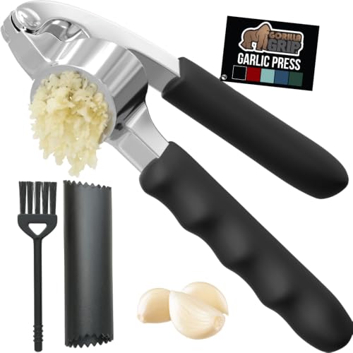 GORILLA GRIP Garlic Press and Peel Set, Heavy Duty Mincer Tool, Large Ergonomic Handle, Easily Mince and Crush Garlics, 