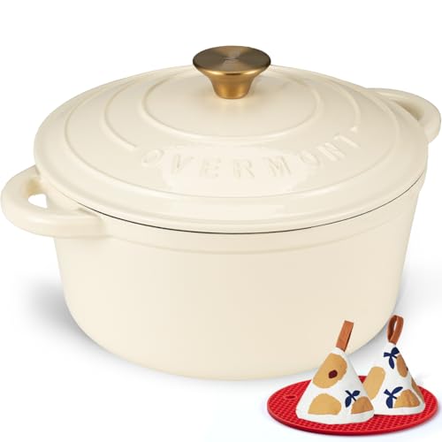 Overmont Enameled Cast Iron Dutch Oven - 7QT Pot with Lid Cookbook & Cotton Potholders - Heavy-Duty Cookware for Braisin