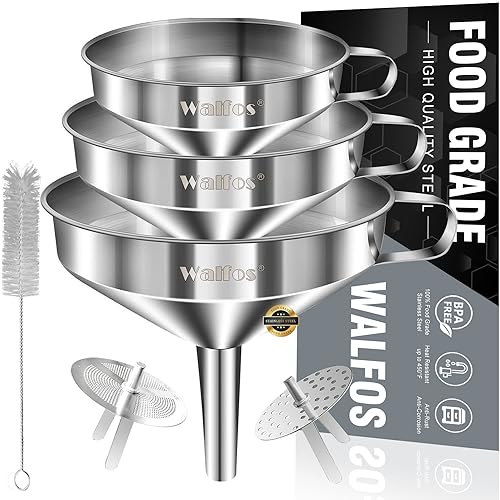 Stainless Steel Funnel, Walfos 3 Pack Kitchen Funnel with 2 Removable Strainer ＆ 1Pcs Cleaning Brush, Perfect for Transf