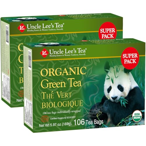 Uncle Lee's Organic Green Tea Bags 2-Pack, 106-Count Super Packs – Bright & Refreshing, Lightly Caffeinated Bulk Tea for