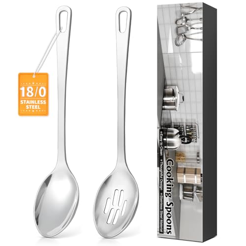 2 Pcs Stainless Steel Cooking Spoons Set, Solid & Slotted Metal Serving Spoons, Heavy Duty Sturdy Large Soup Ladle, High
