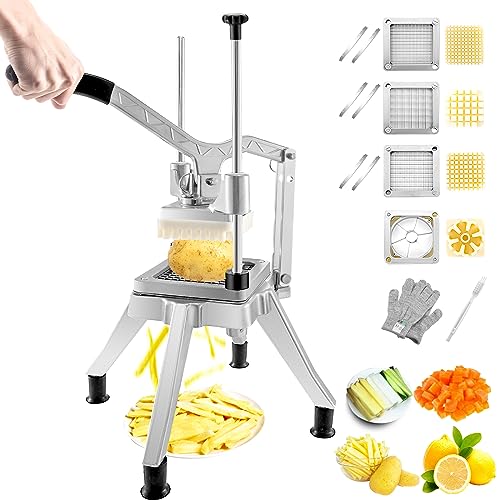 VEVOR Commercial Vegetable Chopper w/ 4 Replacement Blades, Stainless Steel French Fry Cutter Potato Dicer & Fruit Slice