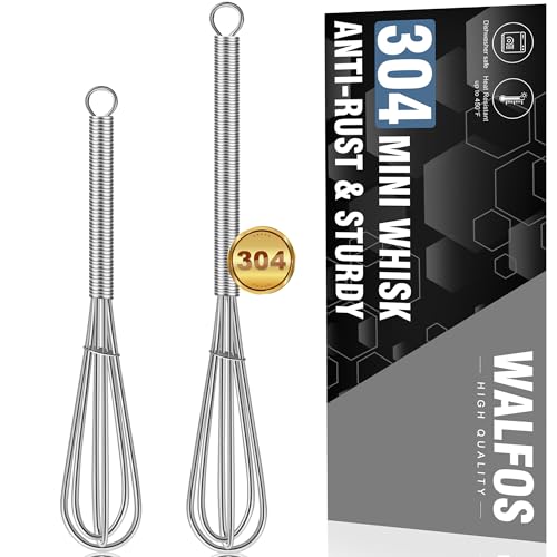 Walfos Mini Whisks Stainless Steel, Small Whisk 2 Pieces, 5in and 7in Tiny Whisk for Whisking, Beating, Blending Ingredi