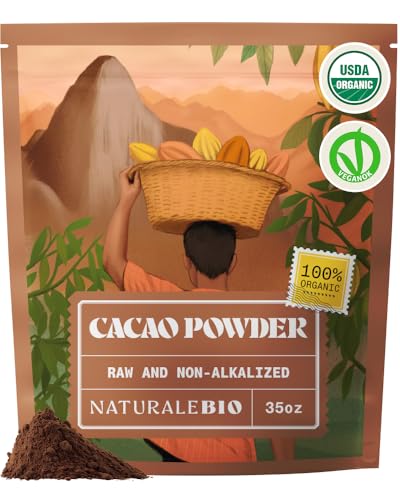 NaturaleBio Cacao Powder Organic 35oz. Unsweetened, Non-Alkalized and Pure. Cocoa Powder Substitute with Rich Dark Choco