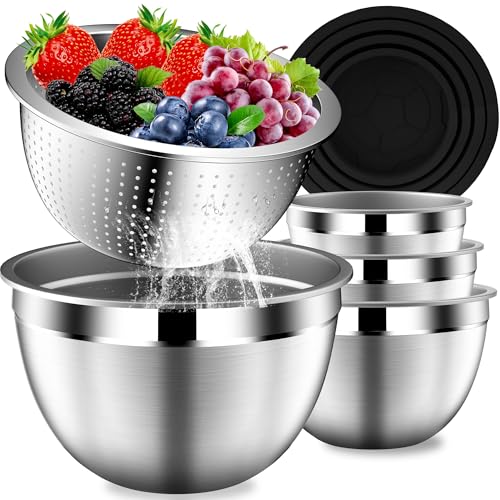 DUTZUN Mixing Bowls with Lids Set, Stainless Steel Mixing Bowls with Colander, Strainer with Mixing Bowl Set, Serving Bo