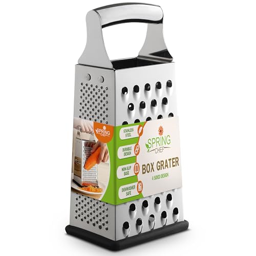Spring Chef Stainless Steel Cheese Grater, Large Box Grater for Kitchen