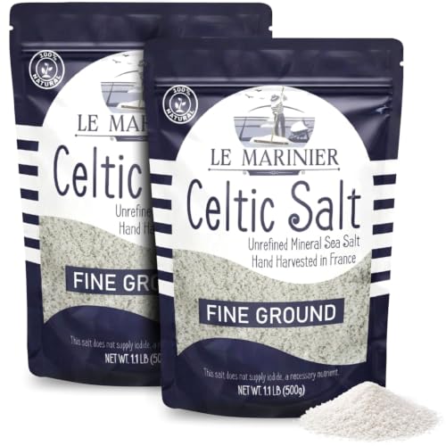 Le Marinier Celtic Salt Organic Fine Ground, 1.1lb - 18oz, Pack of 2. Mineral Rich Unrefined 100% Natural, Hand Harveste