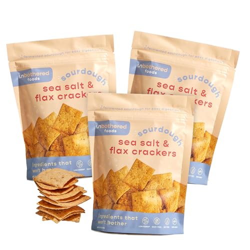 Unbothered Foods Sea Salt & Flax Sourdough Crackers - Gut-Friendly & Easy to Digest, Non-GMO, No Added Sugar, Nut-Free, 
