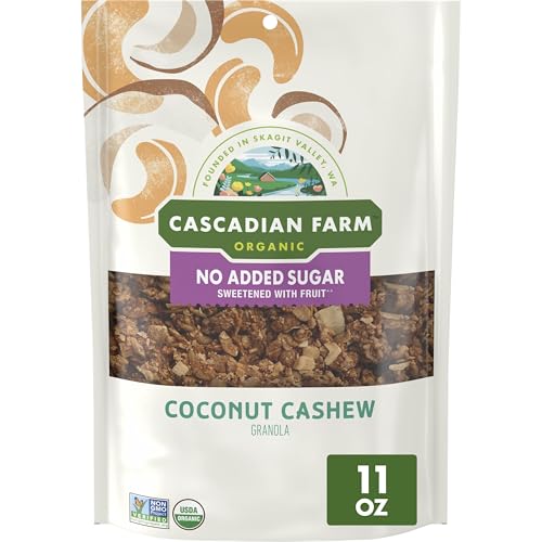 Cascadian Farm Organic Granola with No Added Sugar, Coconut Cashew Cereal, Resealable Pouch, 11 oz.