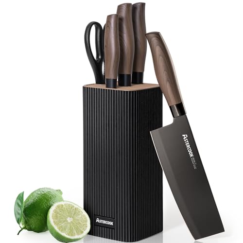 Astercook Knife Set, 6-Piece Kitchen Knife Set with Block, High Carbon Stainless Steel Ultra Sharp Kitchen Knives, Wood 